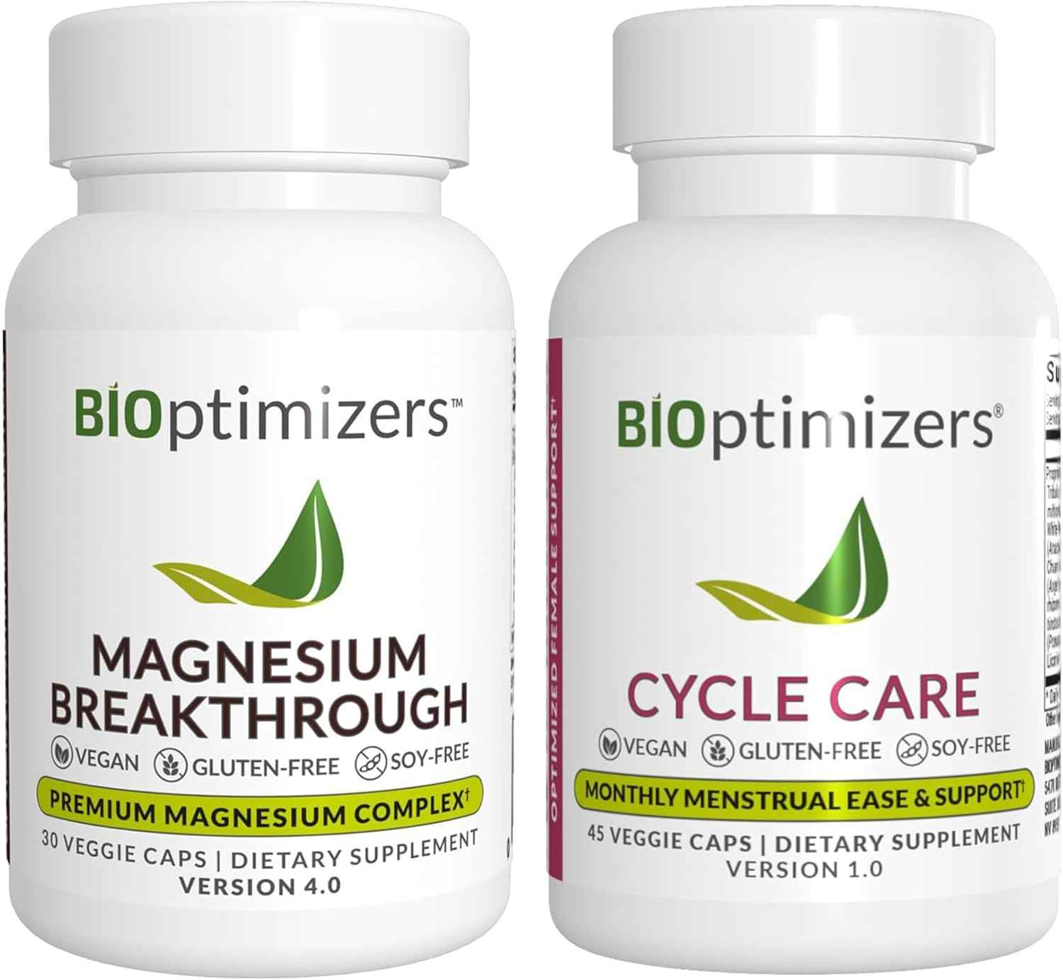 BiOptimizers Magnesium Breakthrough 4.0, (30 Capsules) & Cycle Care, (45 Capsules) - Natural Sleep, Brain, and Menstrual Relief Support Supplement Bundle