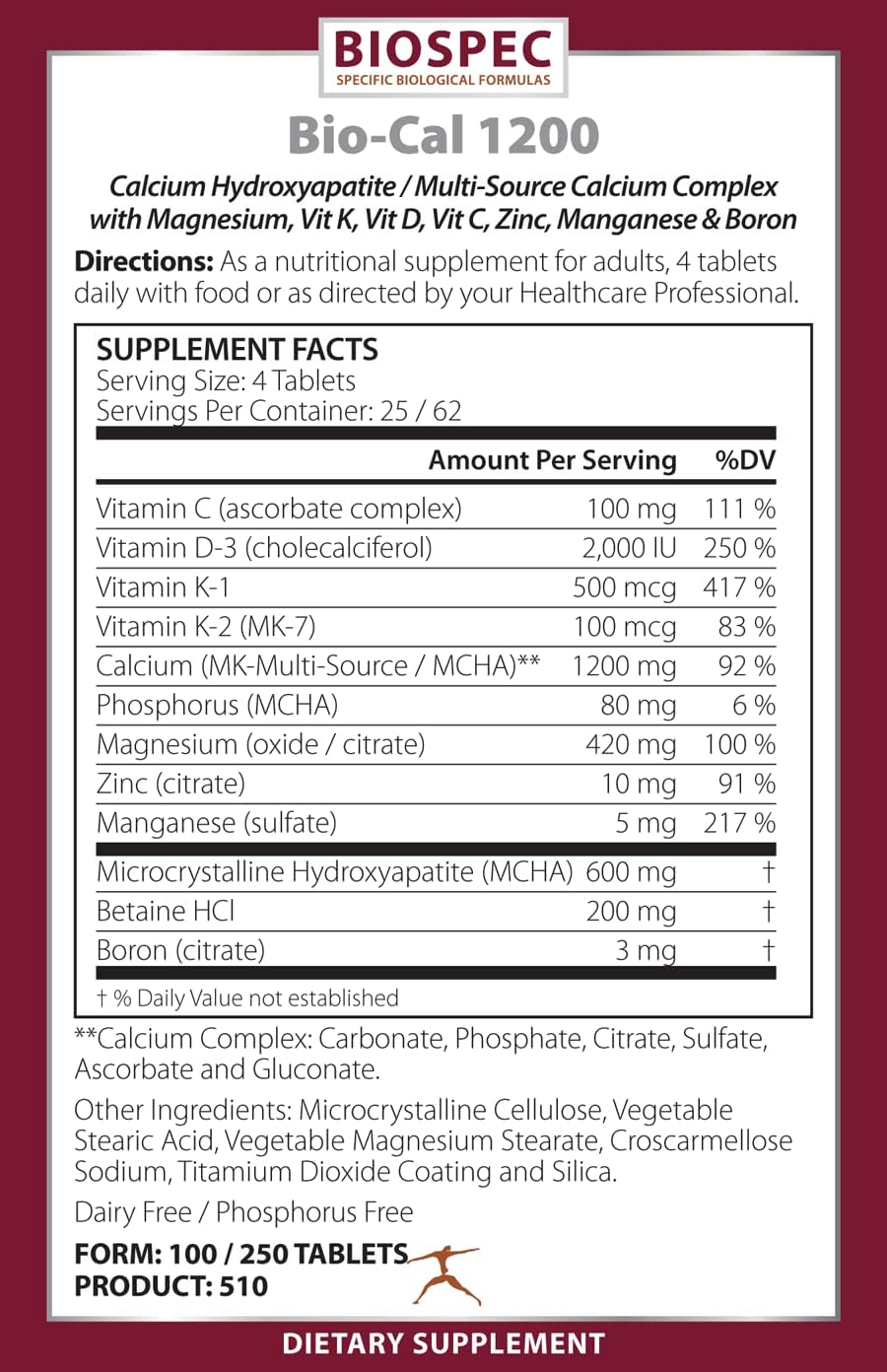 BIOSPEC NUTRITIONALS Bio-Cal 1200 - High Potency Calcium Supplement with 250 Tablets