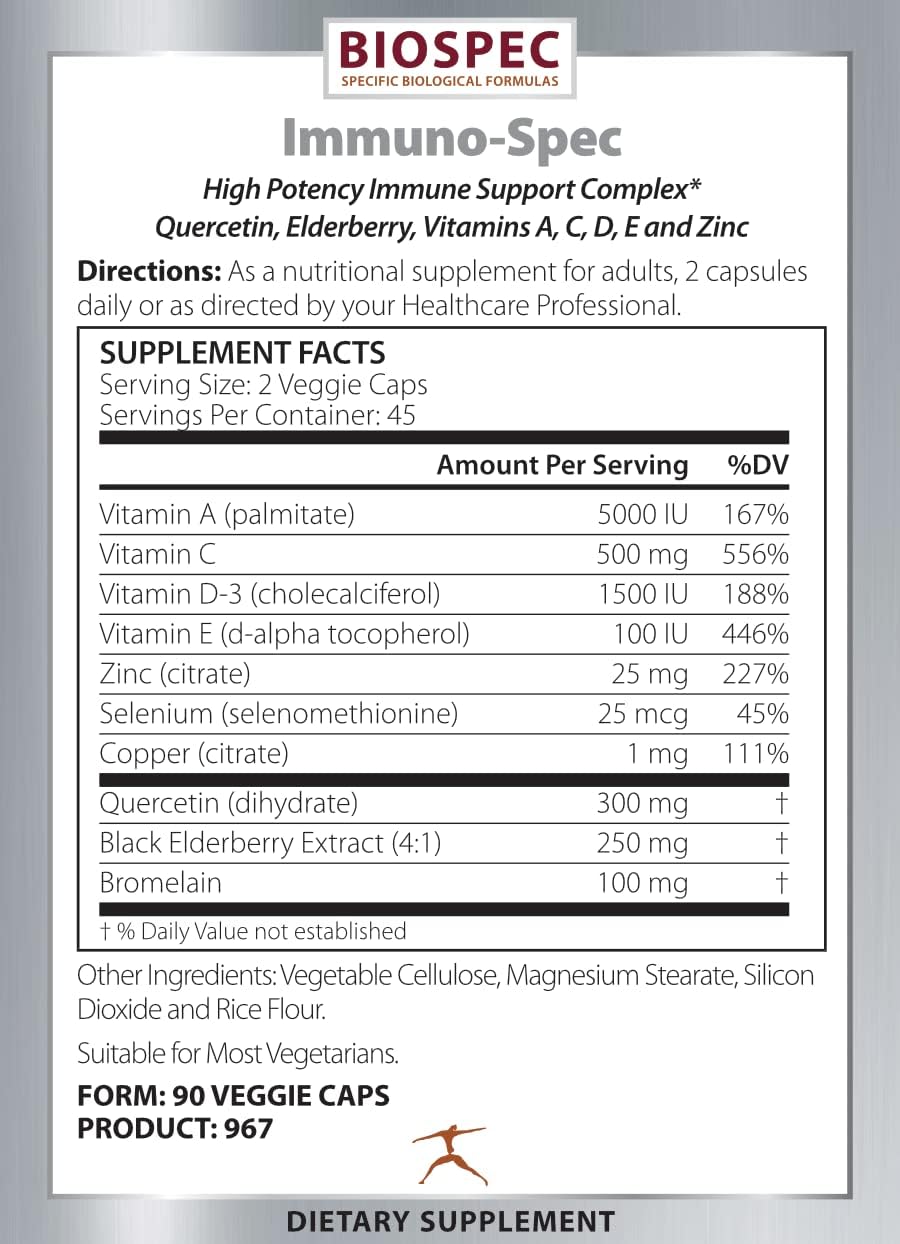 BIOSPEC NUTRITIONALS Immuno-Spec - Daily Immune Support with Essential Vitamins, Minerals, Quercetin, Elderberry, and Bromelain