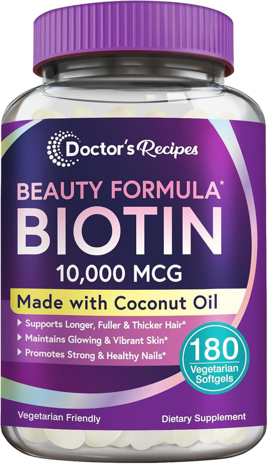 Biotin 10,000 mcg Softgels for Hair, Skin, Nails & Energy Metabolism - 6 Month Supply with Coconut Oil - Non-GMO & Vegetarian