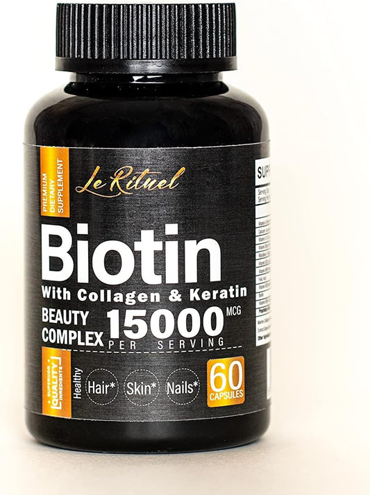 Biotin Vitamins with Collagen & Keratin - Hair Growth Supplement - 15000 mcg Capsules - Vitamins A,D,B Complex - Healthy Vegan - 60 Count