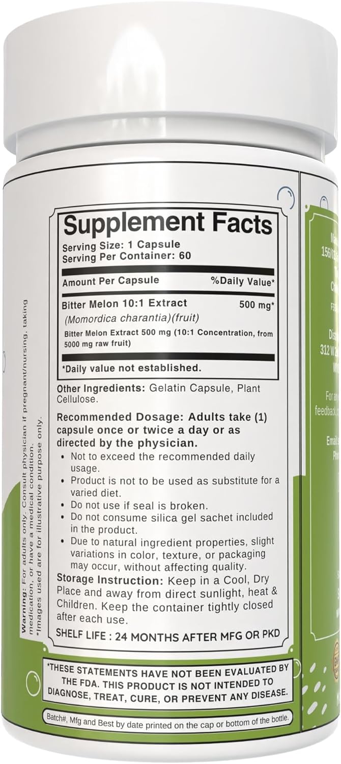 Bitter Melon Fruit Capsules 500mg | Momordica Charantia Extract | Pure & Potent Supplement | Non-GMO, Gluten-Free (60 Capsules)