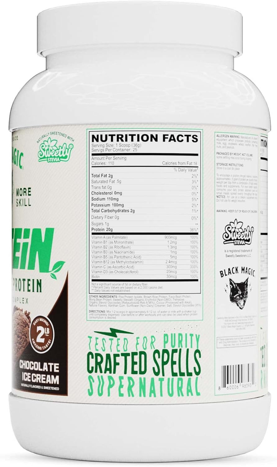 Black Magic Plant-Based Vegan Protein Powder - Keto Friendly, Low Sugar, Dairy Free - Chocolate Ice Cream Flavor - 20g Protein per Serving - 2 LB Container