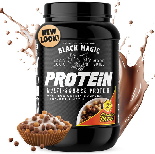 Black Magic Protein Powder: Whey, Egg, and Casein Complex with Enzymes & MCT - Pre & Post Workout - Chocolate Peanut Butter Puffs - 24g Protein - 2 LB