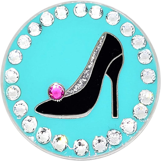 Black Stiletto on Teal Golf Ball Marker with Austrian Crystals - Magnetic Hat Clip | Girly Golf Accessory for Women Golfers
