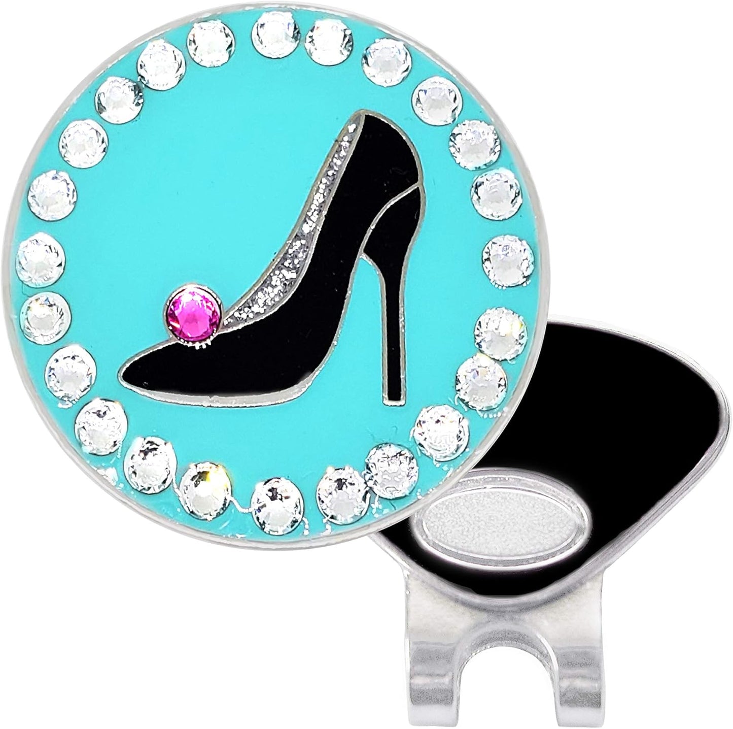 Black Stiletto on Teal Golf Ball Marker with Austrian Crystals - Magnetic Hat Clip | Girly Golf Accessory for Women Golfers