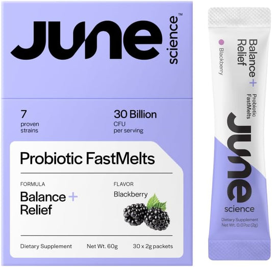 BlackBerry Flavor Fast Melt Pre + Probiotic for Mood & Stress - June Science Balance + Relief, 30 Powder Sachets