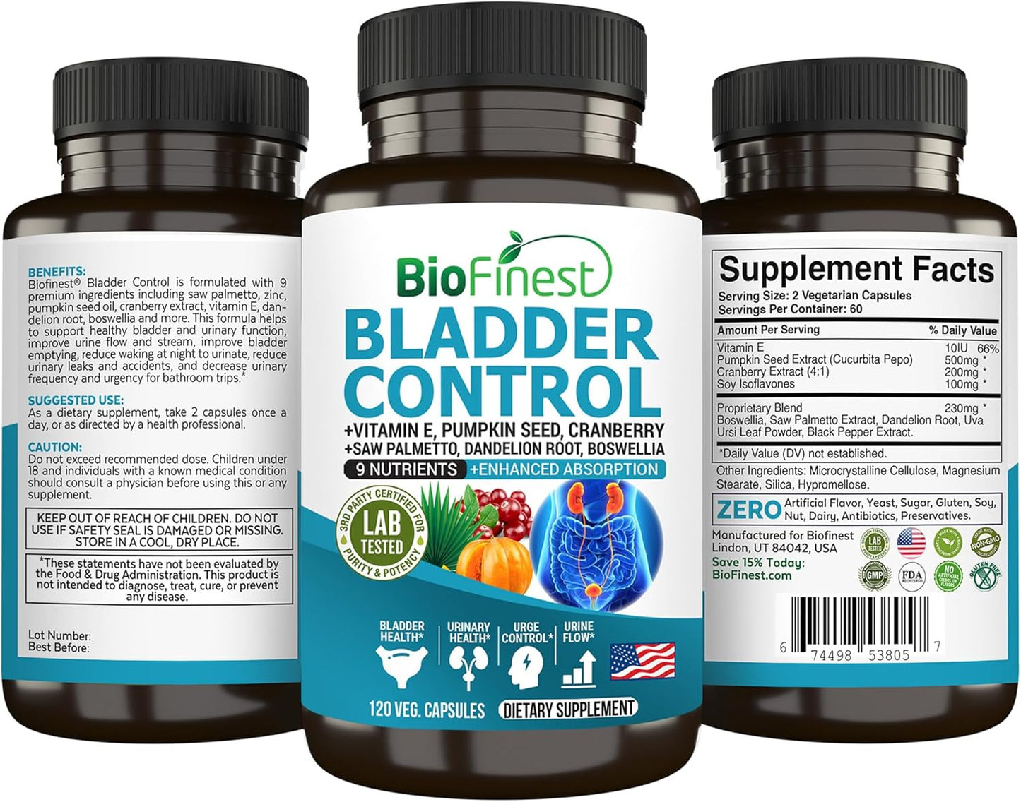 Bladder Control Supplement for Men & Women - 120 Veg. Capsules - Saw Palmetto, Cranberry, Pumpkin Seed, Vitamin E, Boswellia, Dandelion Root - Urinary Tract Health - USA Made