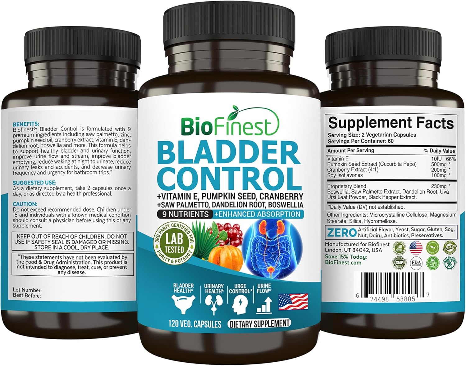 Bladder Control Supplement for Men & Women - 120 Veg. Capsules - Saw Palmetto, Cranberry, Pumpkin Seed, Vitamin E, Boswellia, Dandelion Root - Urinary Tract Health - USA Made