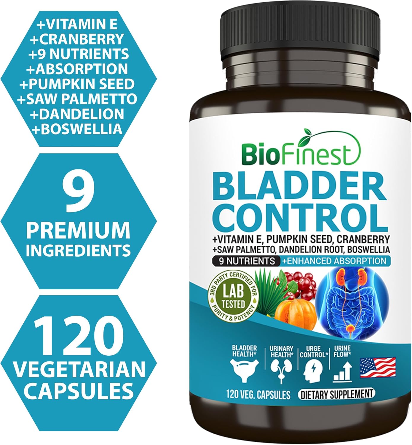 Bladder Control Supplement for Men & Women - 120 Veg. Capsules - Saw Palmetto, Cranberry, Pumpkin Seed, Vitamin E, Boswellia, Dandelion Root - Urinary Tract Health - USA Made