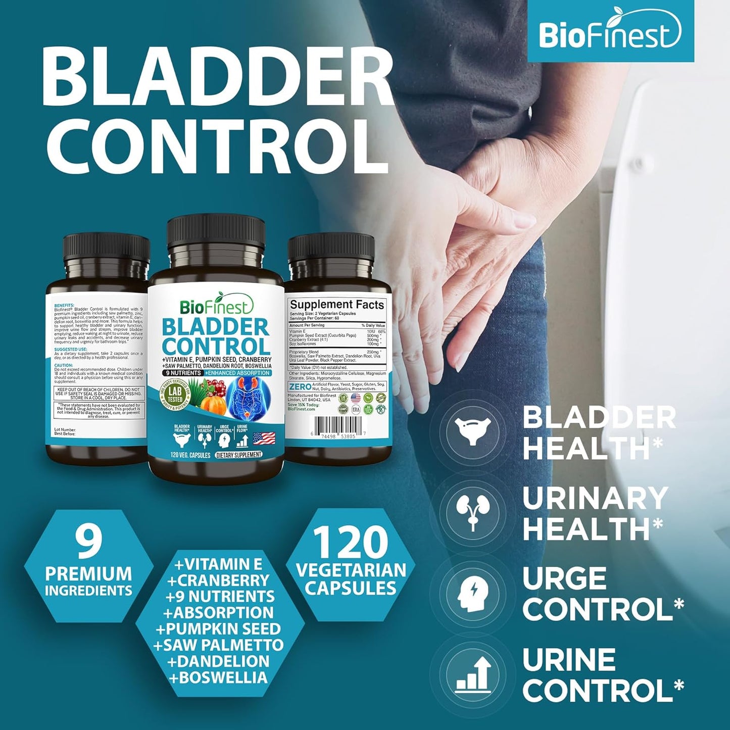 Bladder Control Supplement for Men & Women - 120 Veg. Capsules - Saw Palmetto, Cranberry, Pumpkin Seed, Vitamin E, Boswellia, Dandelion Root - Urinary Tract Health - USA Made