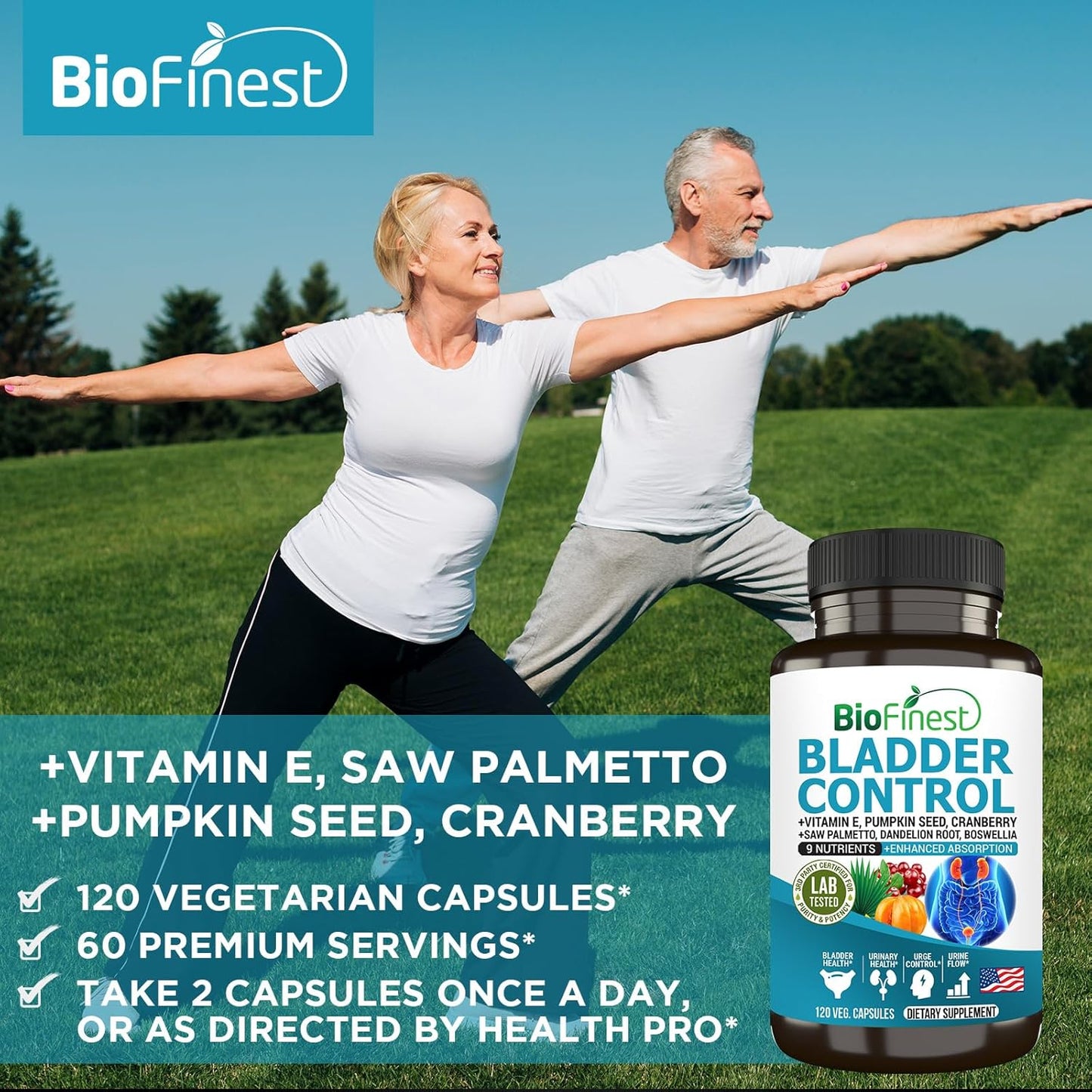 Bladder Control Supplement for Men & Women - 120 Veg. Capsules - Saw Palmetto, Cranberry, Pumpkin Seed, Vitamin E, Boswellia, Dandelion Root - Urinary Tract Health - USA Made