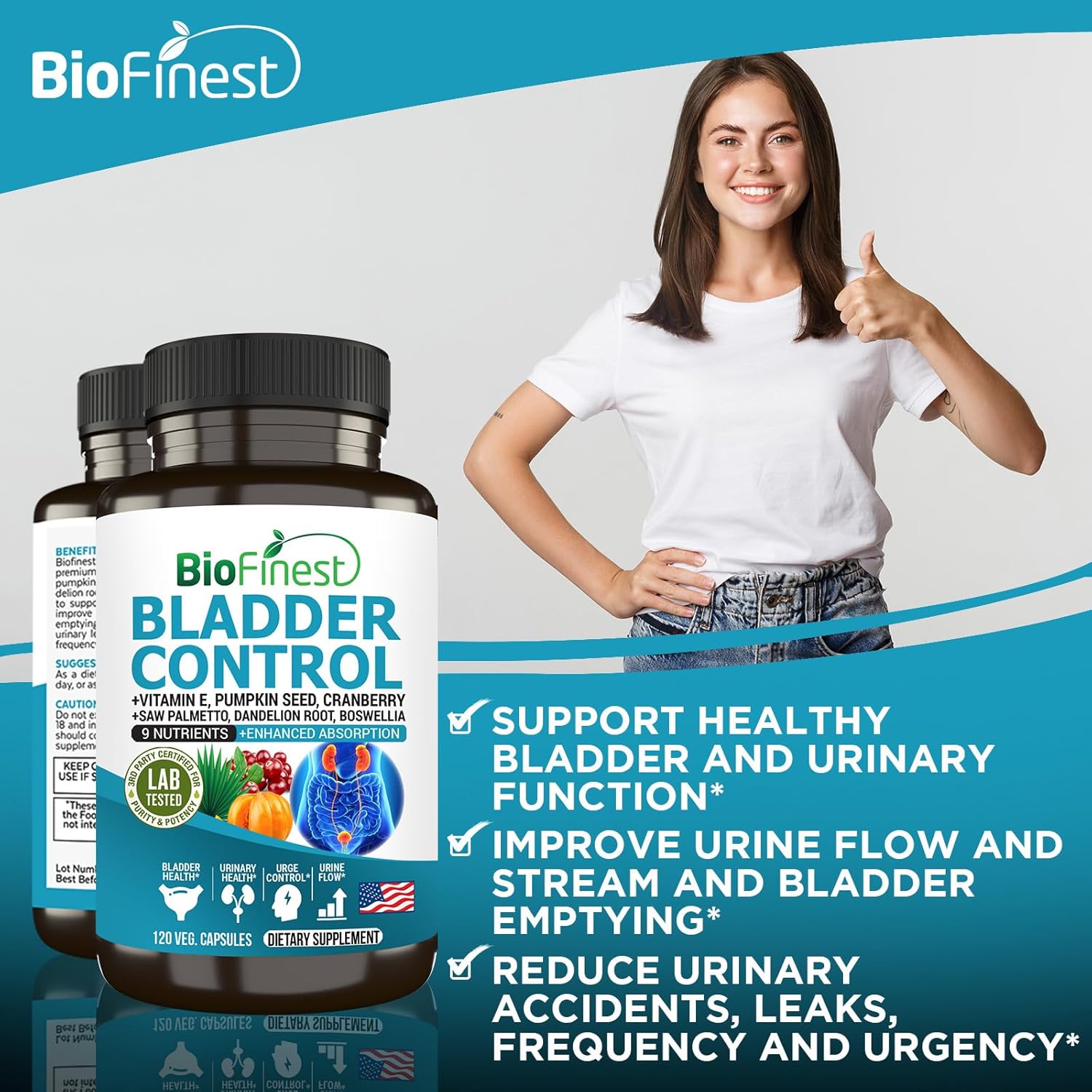 Bladder Control Supplement for Men & Women - 120 Veg. Capsules - Saw Palmetto, Cranberry, Pumpkin Seed, Vitamin E, Boswellia, Dandelion Root - Urinary Tract Health - USA Made