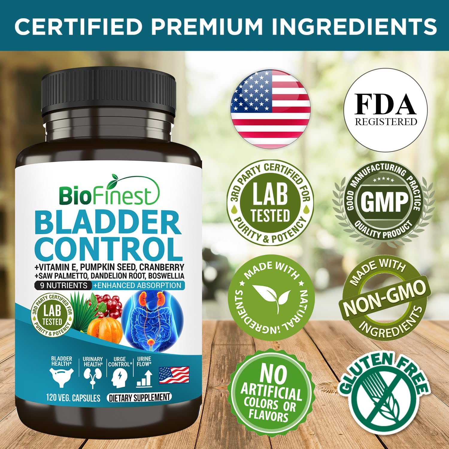 Bladder Control Supplement for Men & Women - 120 Veg. Capsules - Saw Palmetto, Cranberry, Pumpkin Seed, Vitamin E, Boswellia, Dandelion Root - Urinary Tract Health - USA Made