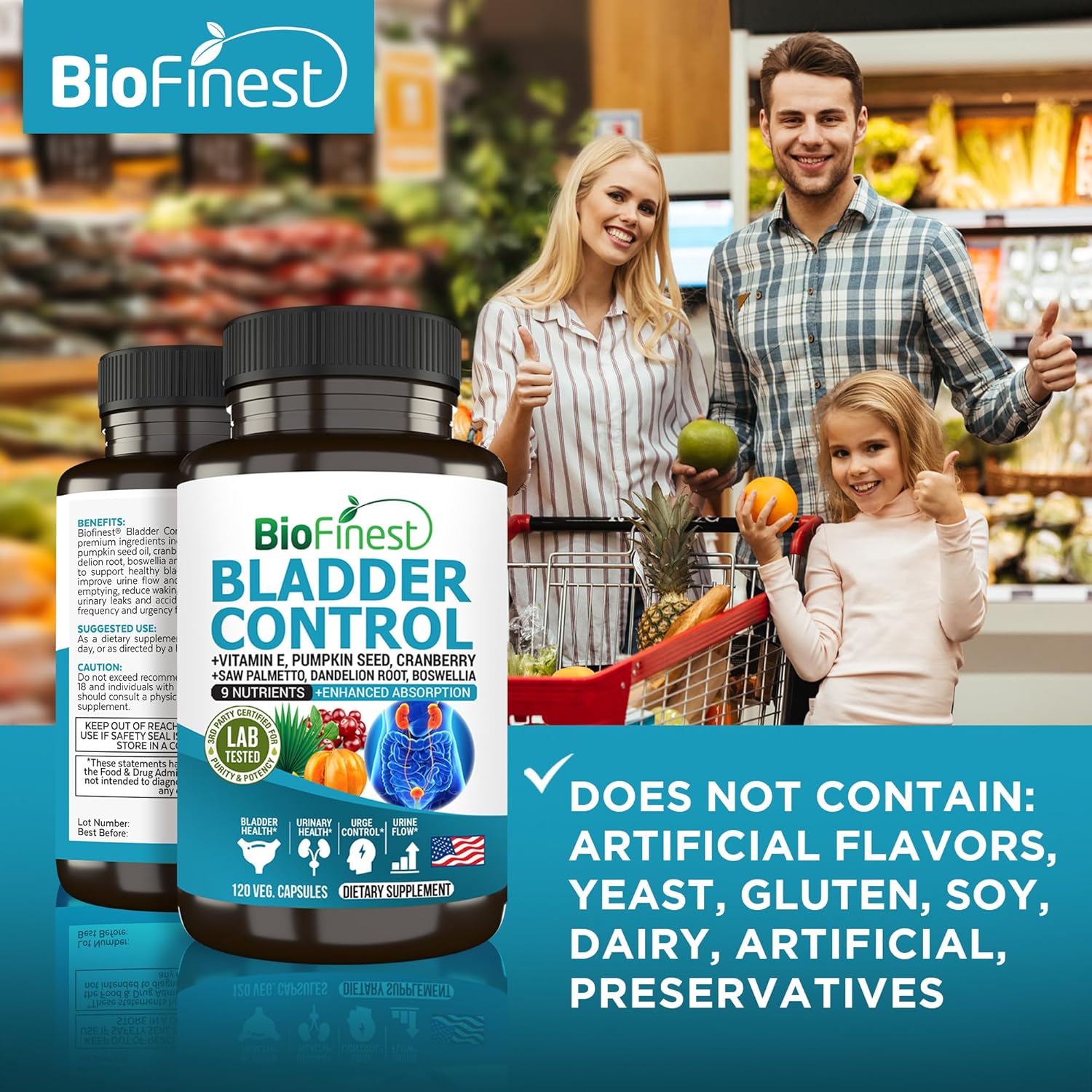 Bladder Control Supplement for Men & Women - 120 Veg. Capsules - Saw Palmetto, Cranberry, Pumpkin Seed, Vitamin E, Boswellia, Dandelion Root - Urinary Tract Health - USA Made
