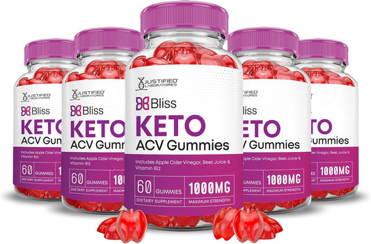 Bliss Keto ACV Gummies (5 Pack) - Advanced Formula 1000MG X 10 with Pomegranate Beet Juice Powder - B12 Vegan Non GMO - 300 Gummies