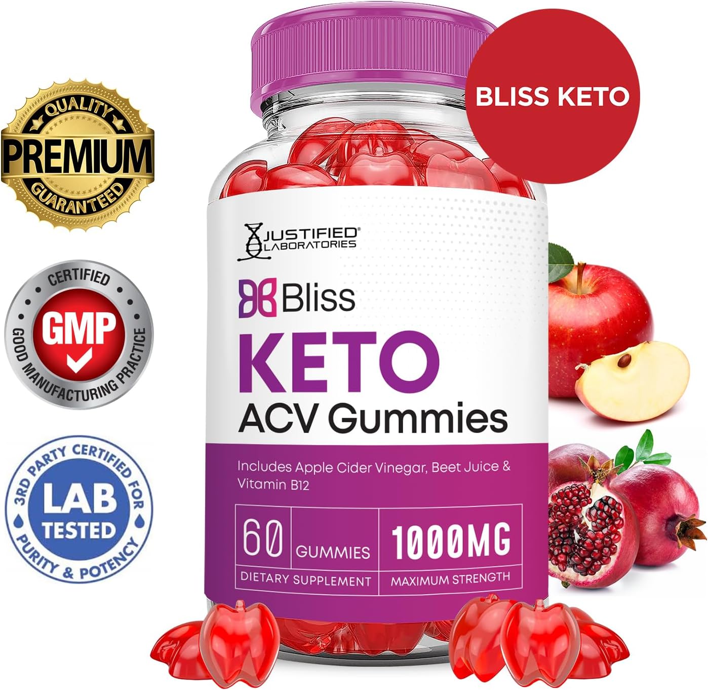 Bliss Keto ACV Gummies (5 Pack) - Advanced Formula 1000MG X 10 with Pomegranate Beet Juice Powder - B12 Vegan Non GMO - 300 Gummies