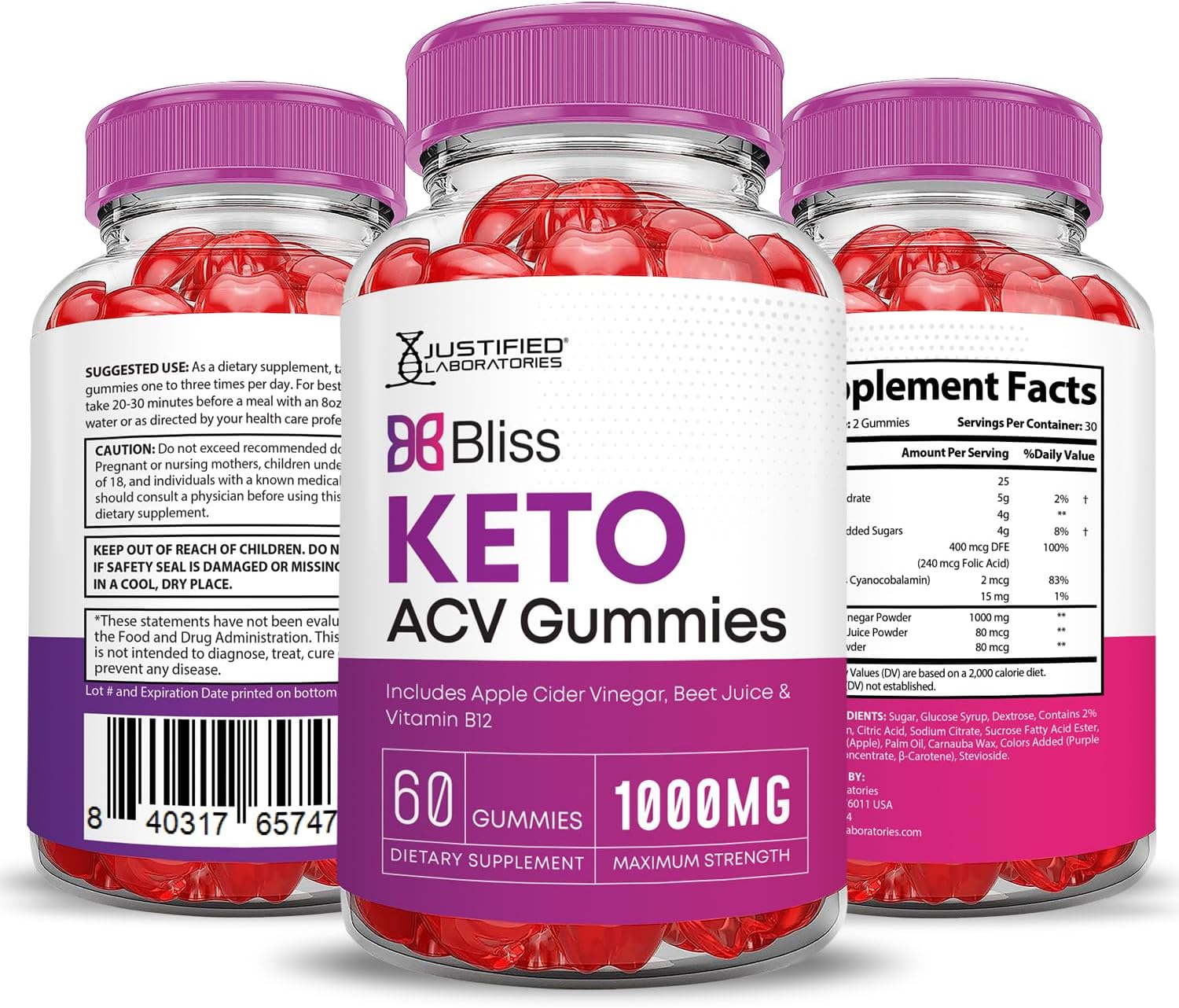 Bliss Keto ACV Gummies (5 Pack) - Advanced Formula 1000MG X 10 with Pomegranate Beet Juice Powder - B12 Vegan Non GMO - 300 Gummies