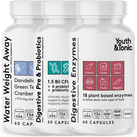 Bloating Relief Bundle Pack with Pre and Probiotics, Water Pills, and Digestive Enzymes for Youthful Digestion