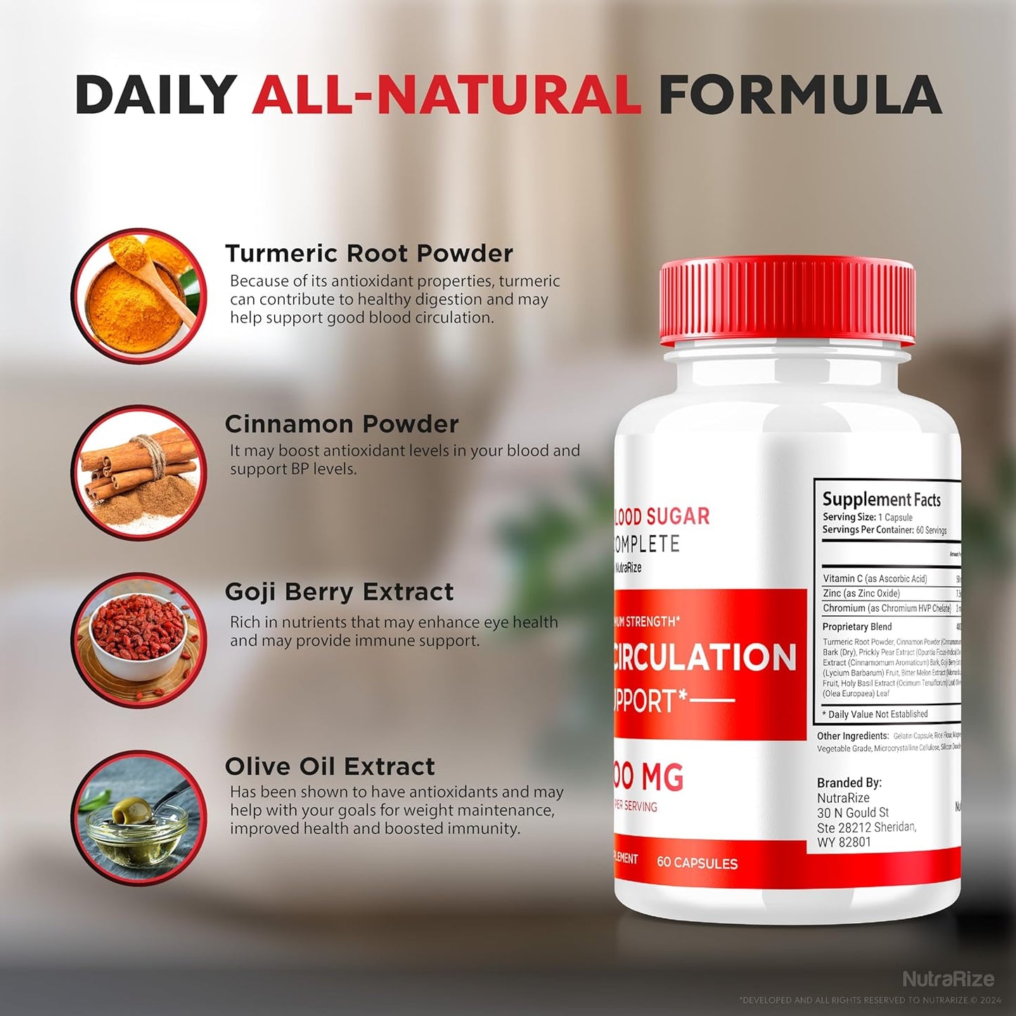 Blood Sugar Support Capsules with Vitamin C, Cinnamon, Prickly Pear & Turmeric Root - Natural Optimizer (60 Capsules)