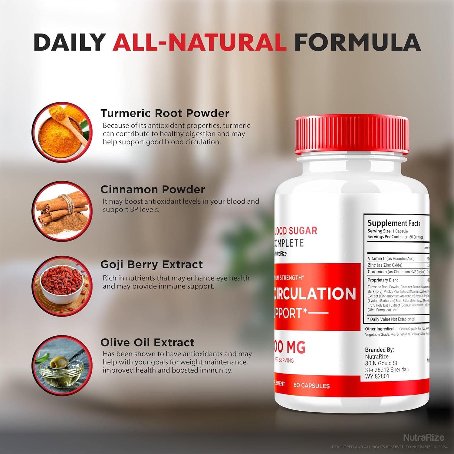 Blood Sugar Support Capsules with Vitamin C, Cinnamon, Prickly Pear & Turmeric Root - Natural Optimizer (60 Capsules)
