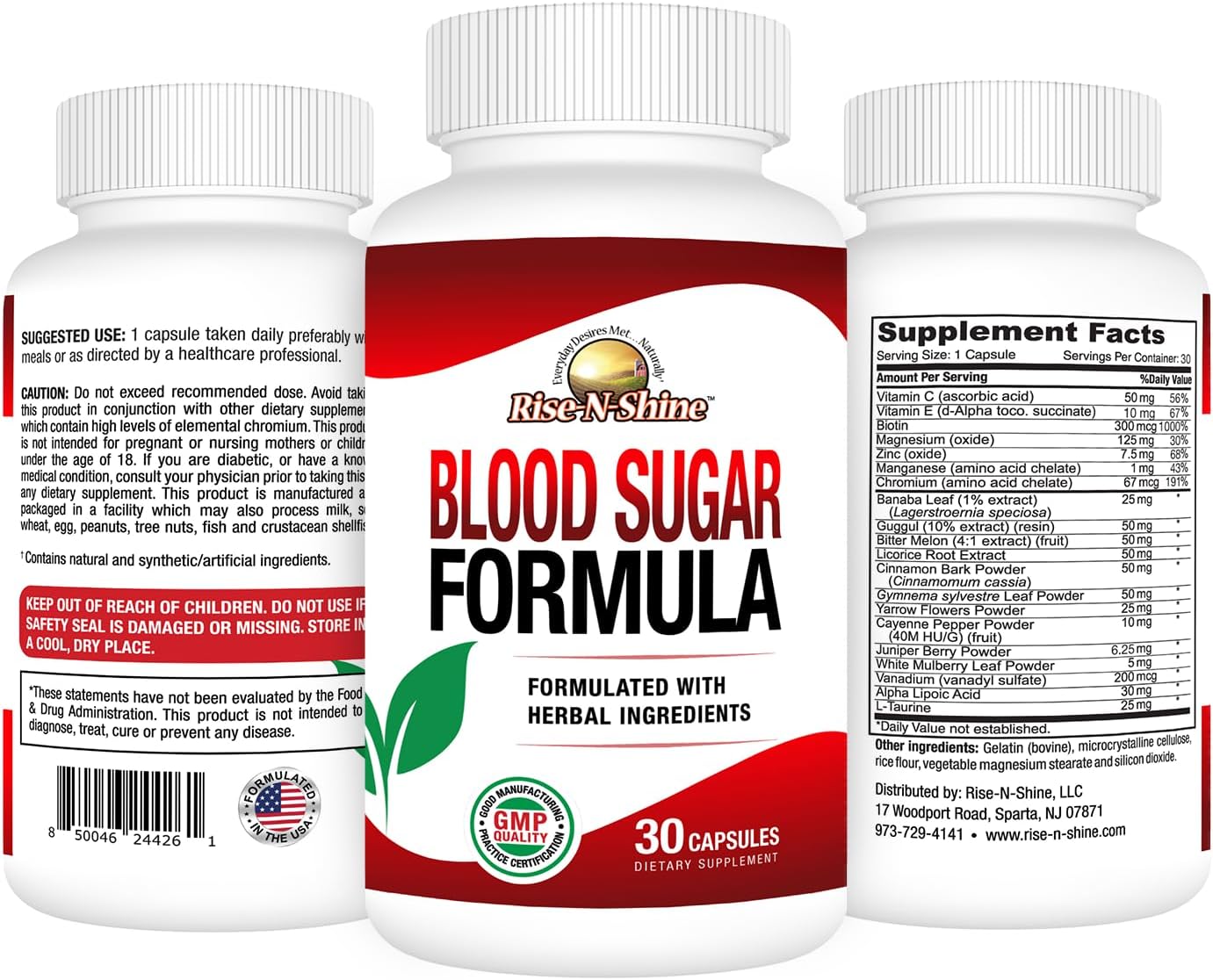 Blood Sugar Support Supplement with Cinnamon, Gymnema Sylvestre, Banaba, Guggul - 30 Capsules