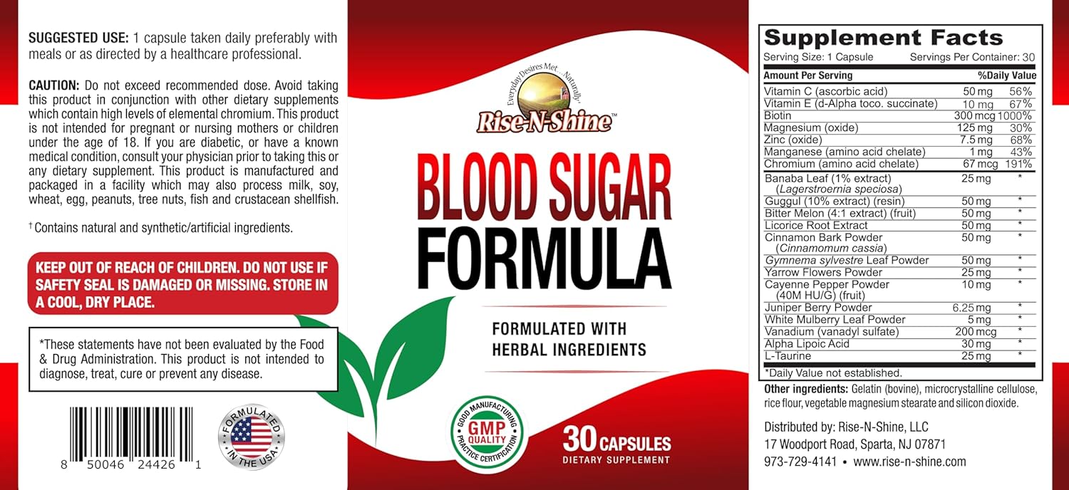 Blood Sugar Support Supplement with Cinnamon, Gymnema Sylvestre, Banaba, Guggul - 30 Capsules