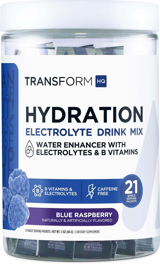 Blue Raspberry Hydration Drink Mix - 21 Single-Serving Packets with Vitamins and Electrolytes for Hydration Boost