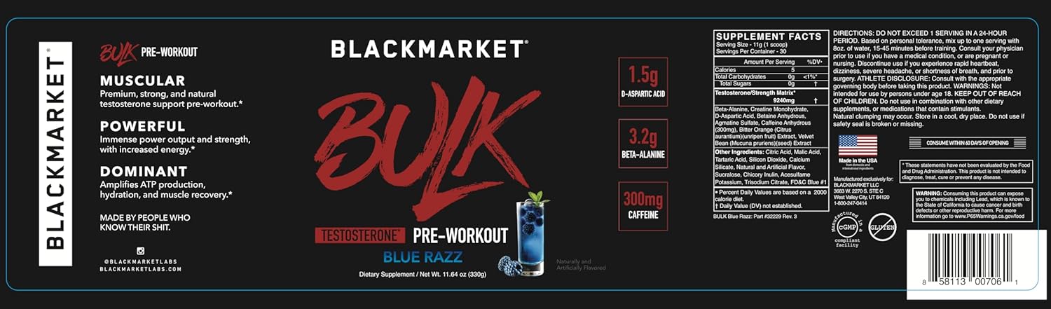Blue Razz Pre-Workout Energy Drink Powder for Men - 30 Servings with Creatine - BLACKMARKET Bulk Pre Workout