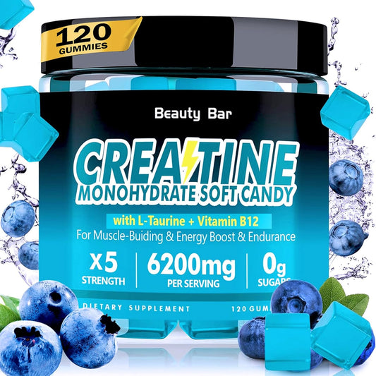 Blueberry Flavor Beauty Bar Creatine Monohydrate Gummies - 6200mg - 120 Gummies - Sugar Free Chewable Supplement for Muscle Strength & Energy Boost - Men & Women - Vegan Friendly