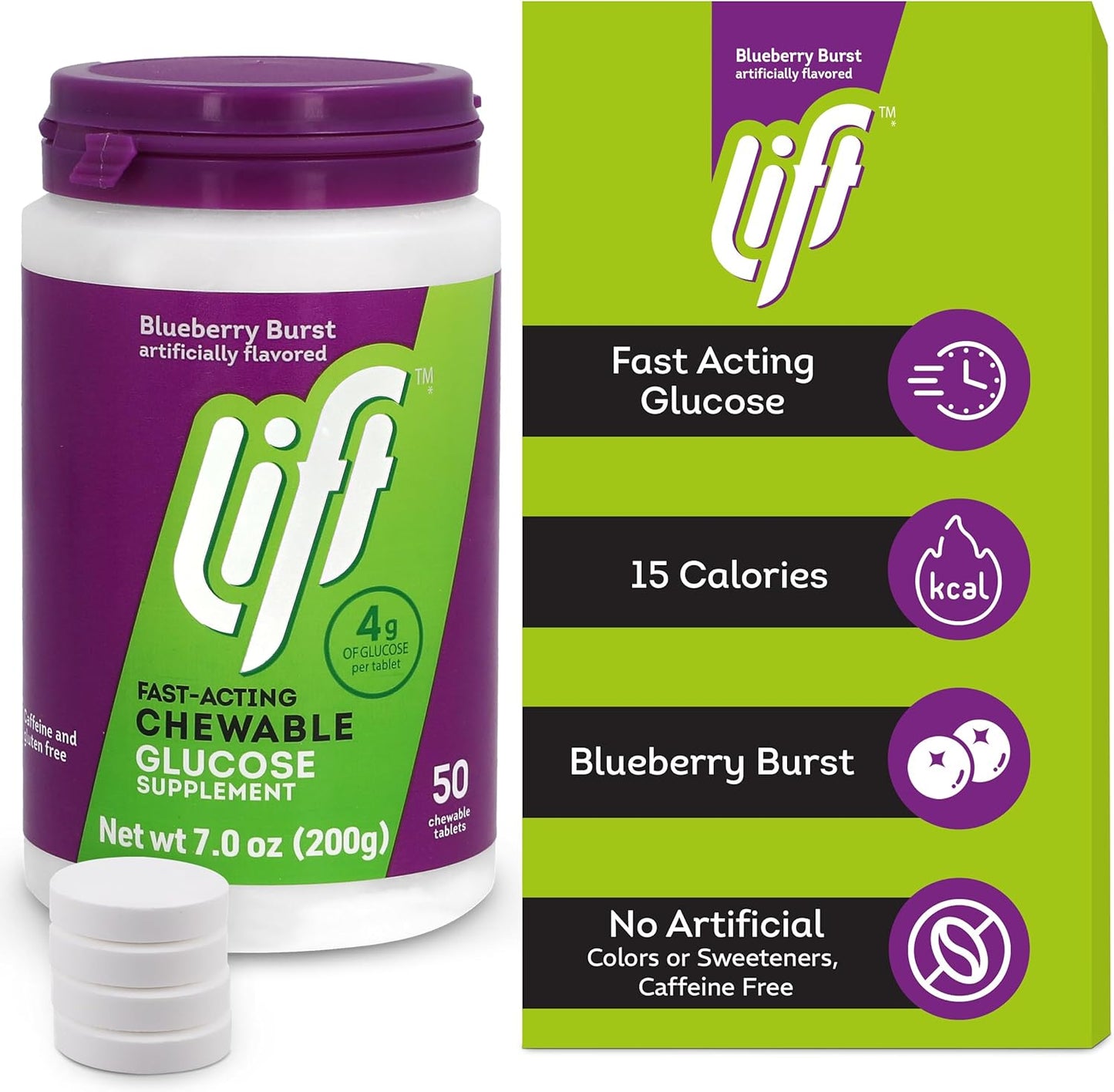 Blueberry Flavored Fast-Acting Glucose Chewable Energy Tablets - 50 Tablets Jar
