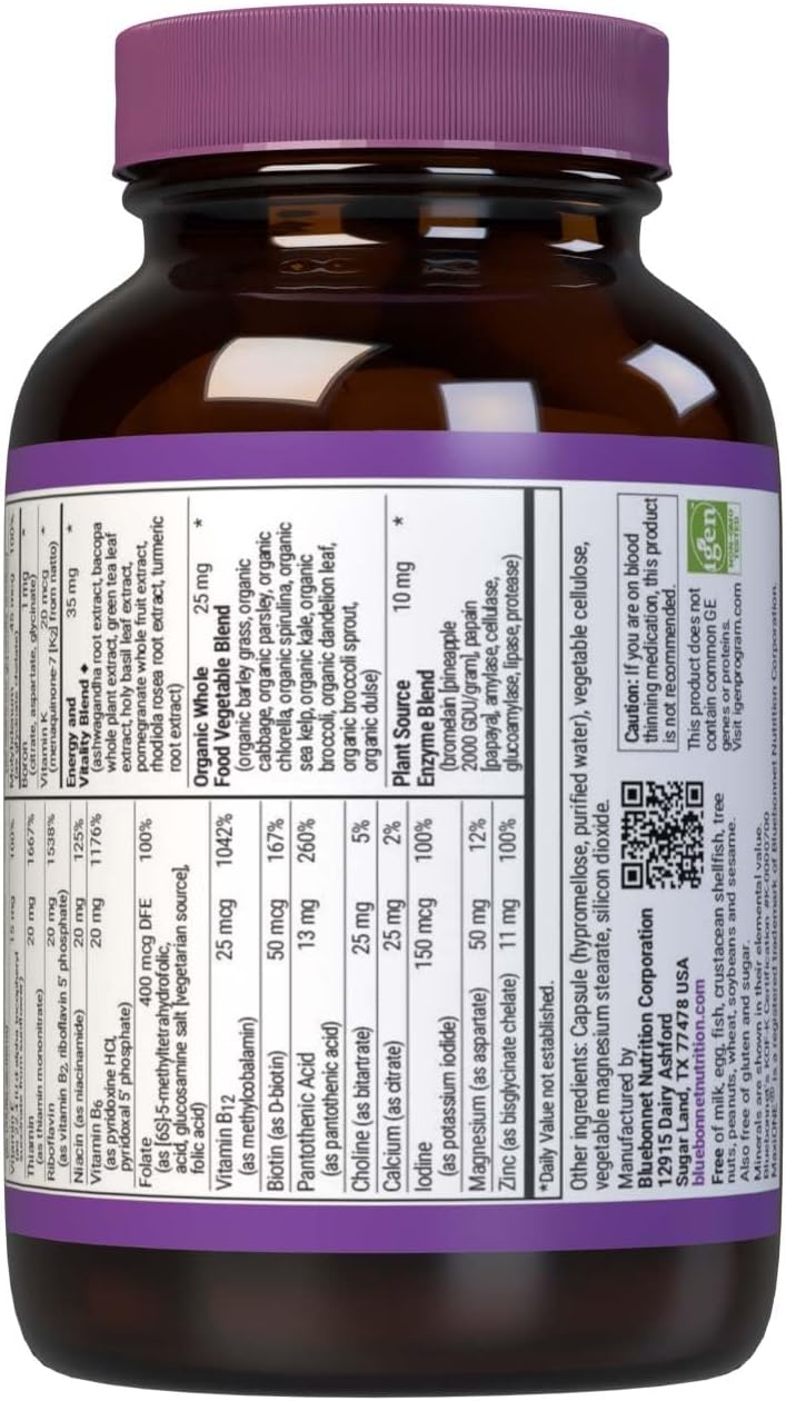 Bluebonnet Nutrition Maxi One Whole Food Multiple with Enzymes for Energy and Vitality - Gluten, Kosher, Soy & Dairy-Free, Non-GMO - 30 Count