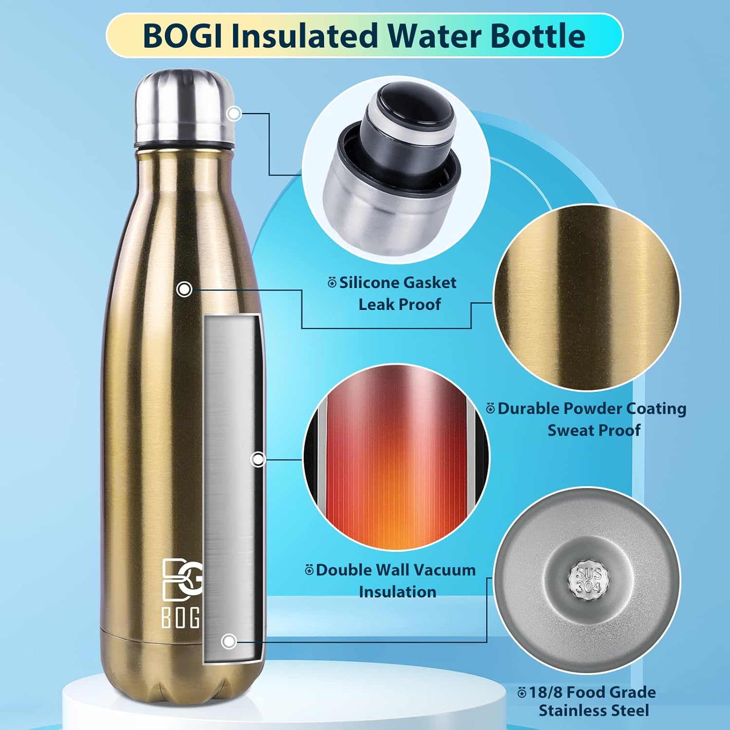 BOGI 17oz Stainless Steel Insulated Water Bottle - Double Wall Vacuum, Leak Proof Metal Sports Bottle for Hot and Cold Drinks - Ideal for Outdoor Activities