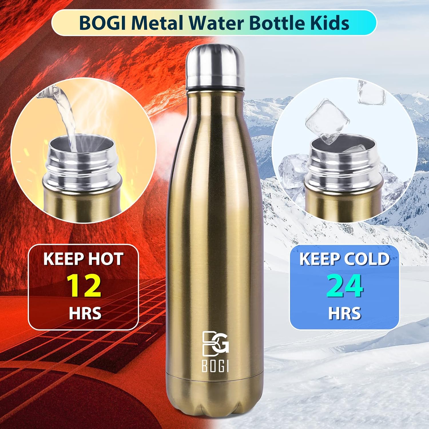 BOGI 17oz Stainless Steel Insulated Water Bottle - Double Wall Vacuum, Leak Proof Metal Sports Bottle for Hot and Cold Drinks - Ideal for Outdoor Activities