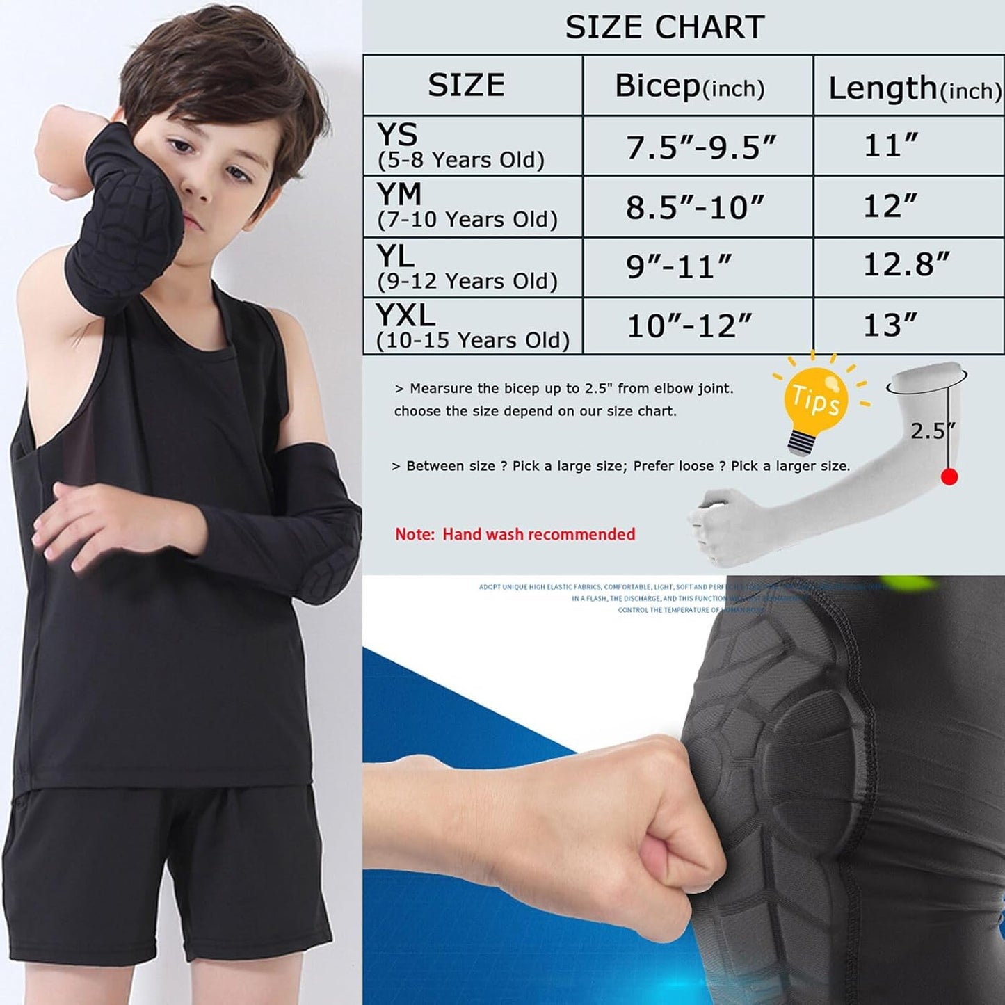 Bohope Kids Youth Padded Arm Knee Sleeve for Compression Leg Protection (Ages 5-15)