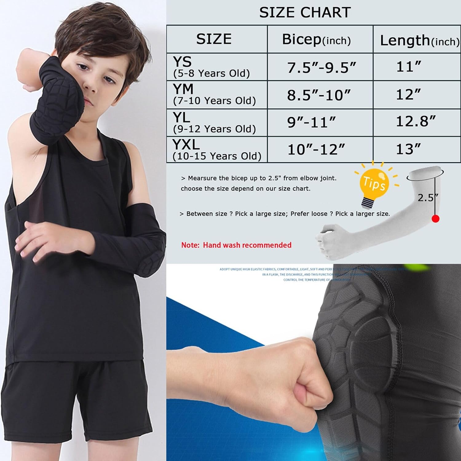 Bohope Kids Youth Padded Arm Knee Sleeve for Compression Leg Protection (Ages 5-15)