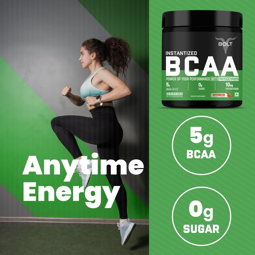 Bolt BCAA Powder Watermelon Fizz - Supports Muscle Recovery & Growth, 2:1:1 Formula, 30 Servings