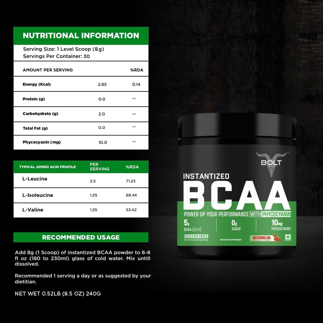Bolt BCAA Powder Watermelon Fizz - Supports Muscle Recovery & Growth, 2:1:1 Formula, 30 Servings