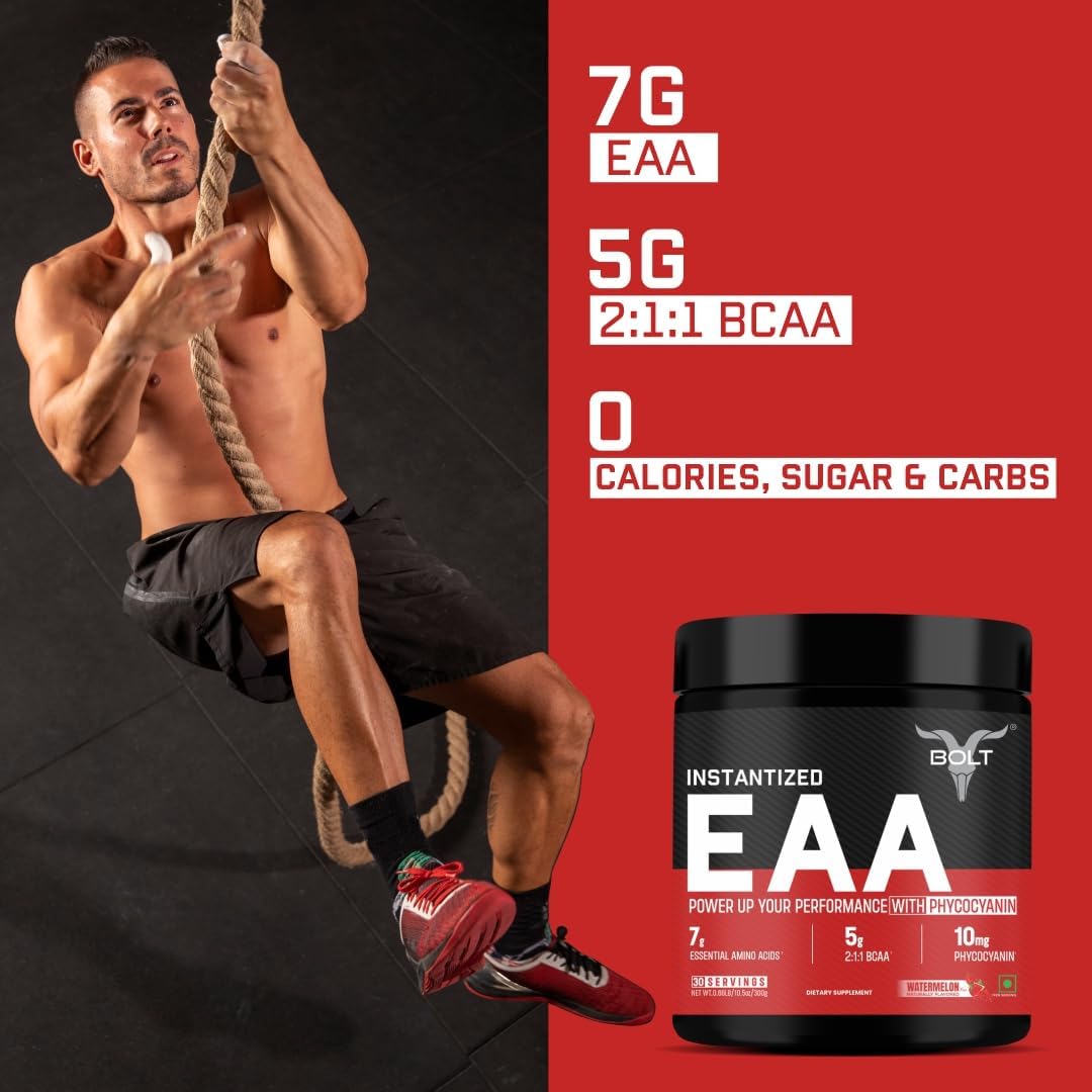 Bolt Nutrition EAA Supplement - 300gm, 30 Servings, Watermelon Flavor - Essential Amino Acids with BCAA 5000 for Men & Women