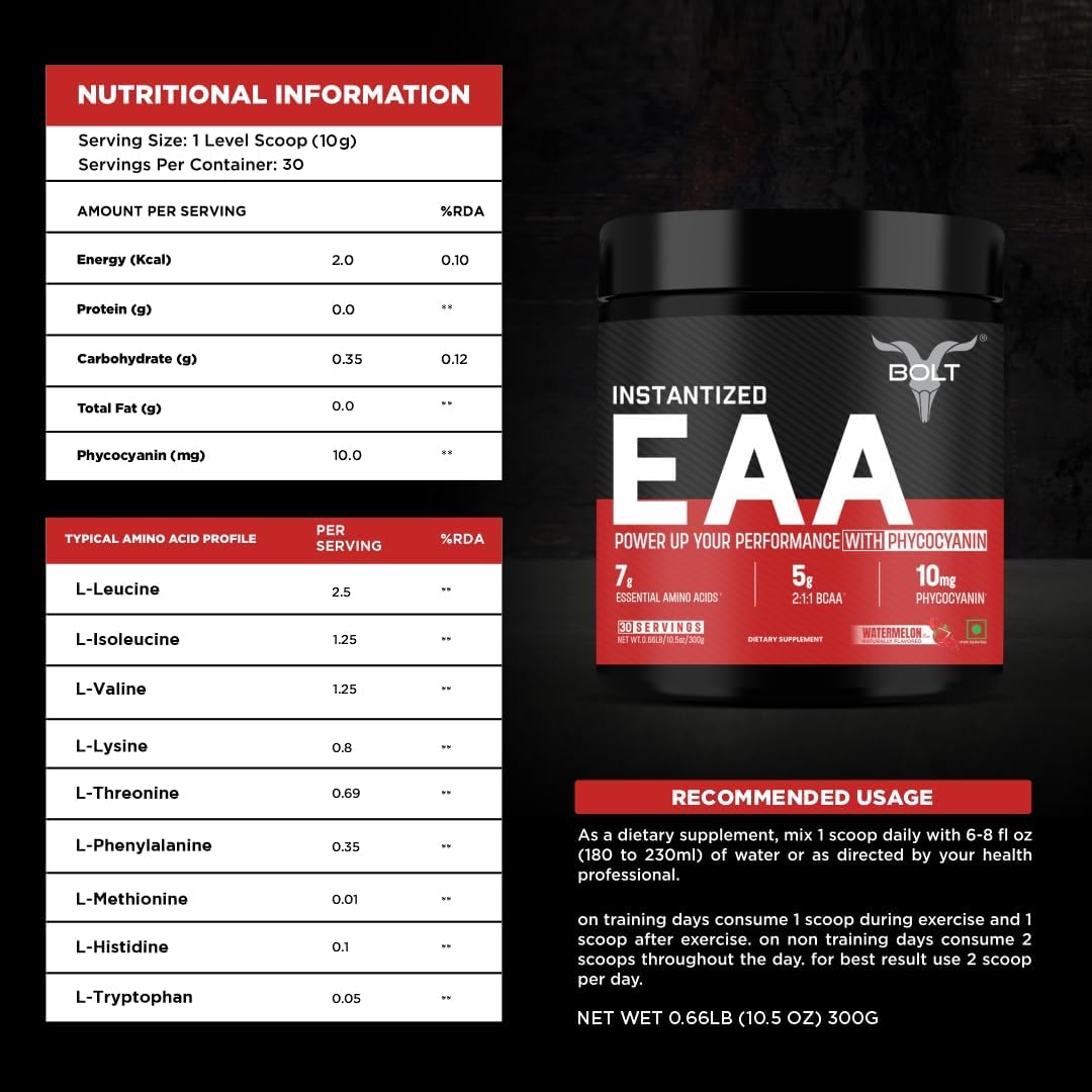 Bolt Nutrition EAA Supplement - 300gm, 30 Servings, Watermelon Flavor - Essential Amino Acids with BCAA 5000 for Men & Women