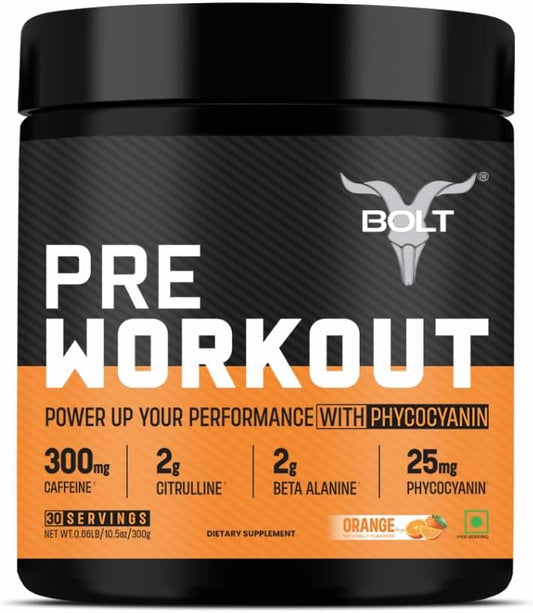 Bolt Pre Workout Supplement - Explosive Energy & Focus Blend with Caffeine, Citrulline Malate, B-Alanine, Taurine - 300g, 30 Servings - Tangy Orange Flavor