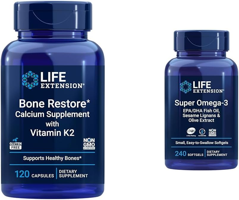 Bone Health Bundle: Life Extension Bone Restore + Vitamin K2 & Super Omega-3 Fish Oil with Vitamins & Minerals for Strong Bones & Joints