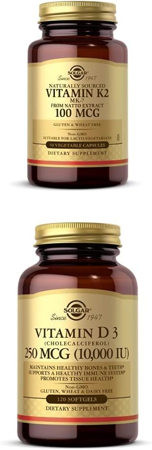 Bone Health Support with Solgar Vitamin K2 (MK-7) 100mcg + Immune System Boost with Vitamin D3 250mcg (10,000 IU)