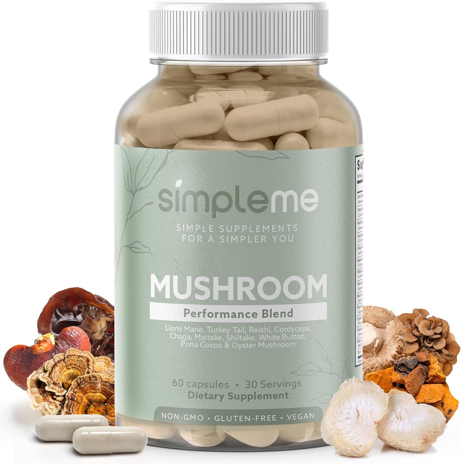 Brain and Immune Support Multi-Mushroom Supplement with Nootropics - Performance Blend of Lions Mane, Turkey Tail, Reishi, Cordyceps, Chaga, Maitake, Shiitake, and More - 60 Capsules