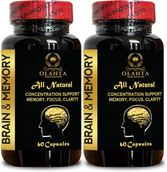 Brain Memory Supplements for Focus, Energy, and Concentration - Cognitive Support with Memory Enhancement - 2 Bottles, 120 Capsules