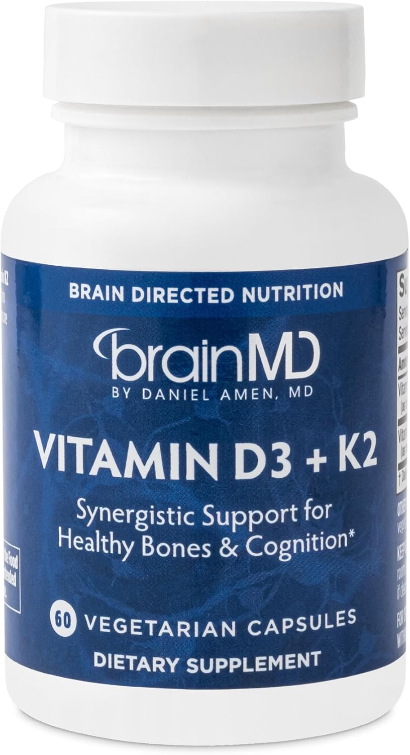 BRAINMD Vitamin D3 + K2 Capsules - Supports Bone Health & Brain Function - Gluten Free - 60 Servings