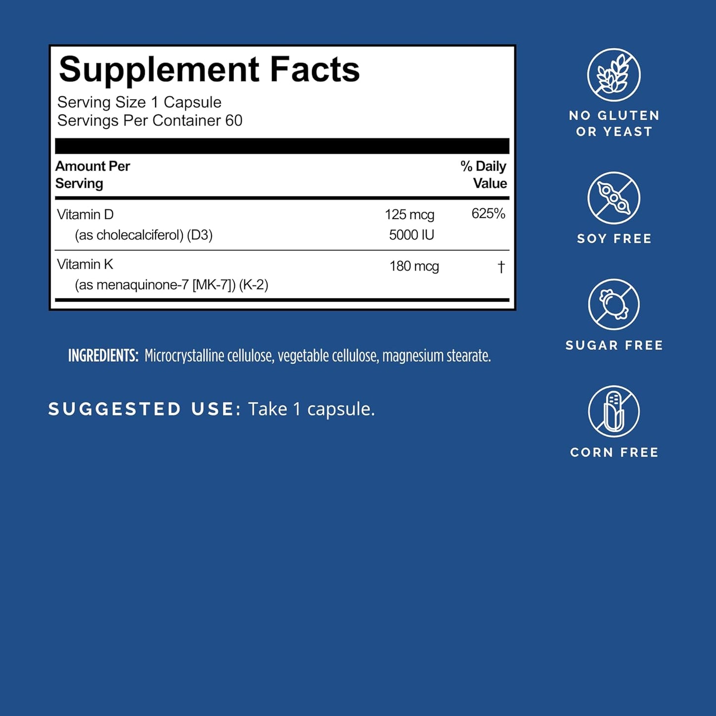 BRAINMD Vitamin D3 + K2 Capsules - Supports Bone Health & Brain Function - Gluten Free - 60 Servings