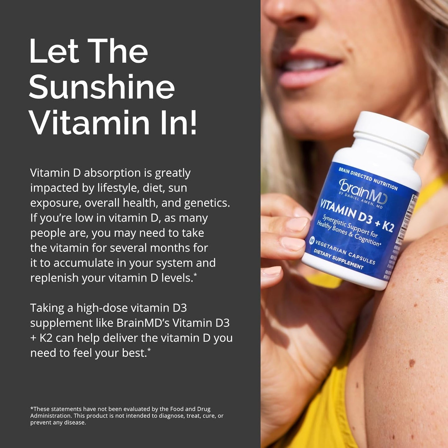 BRAINMD Vitamin D3 + K2 Capsules - Supports Bone Health & Brain Function - Gluten Free - 60 Servings