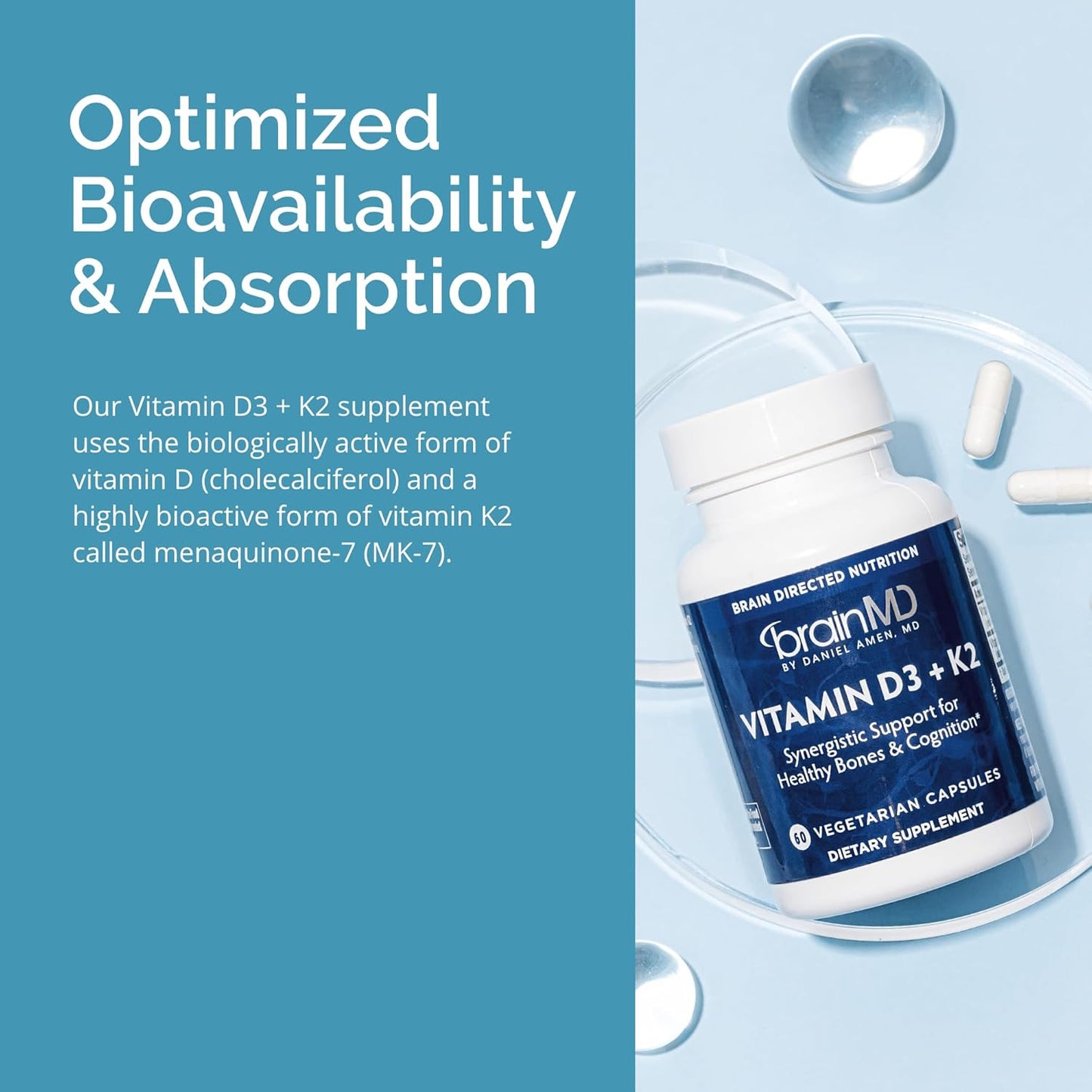 BRAINMD Vitamin D3 + K2 Capsules - Supports Bone Health & Brain Function - Gluten Free - 60 Servings