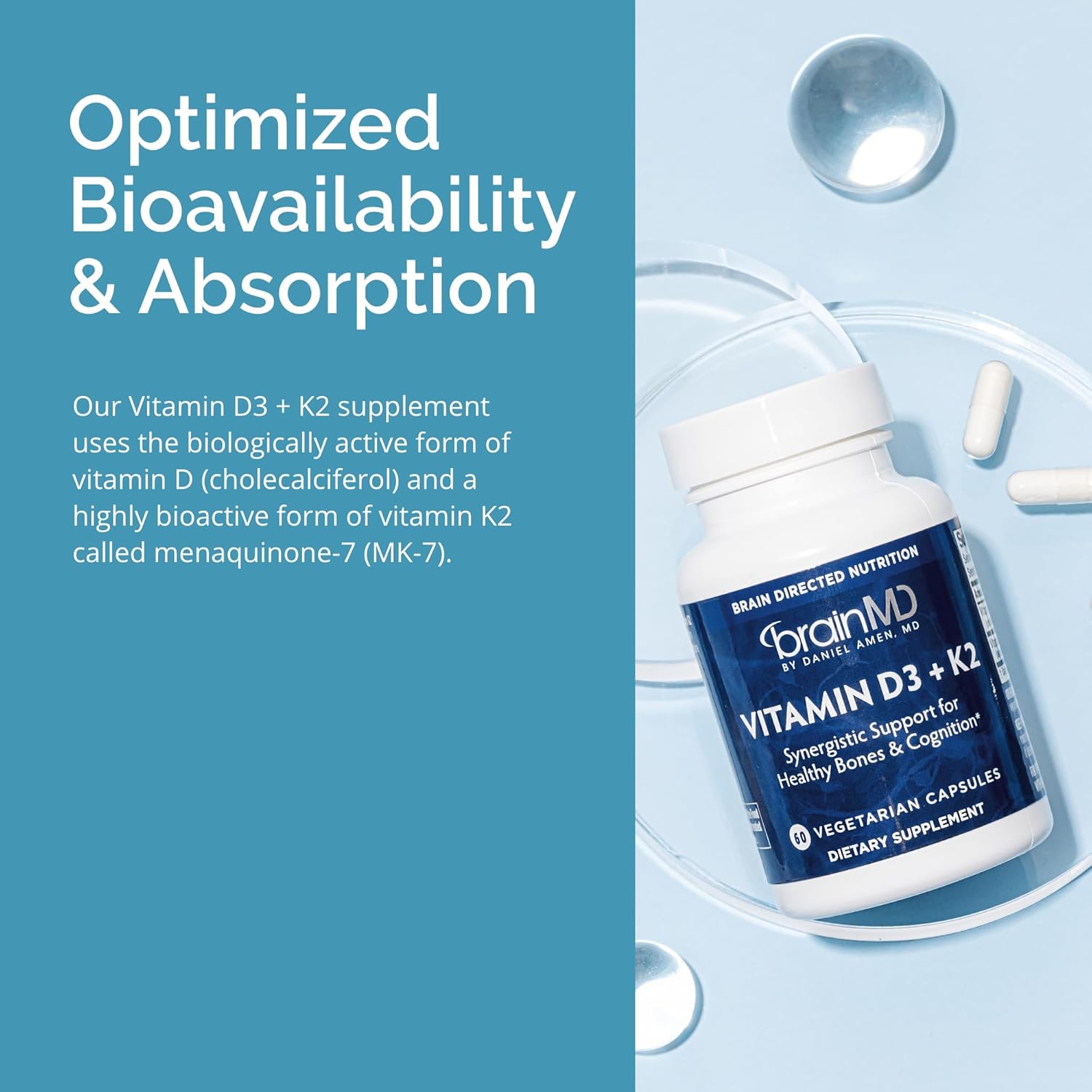 BRAINMD Vitamin D3 + K2 Capsules - Supports Bone Health & Brain Function - Gluten Free - 60 Servings